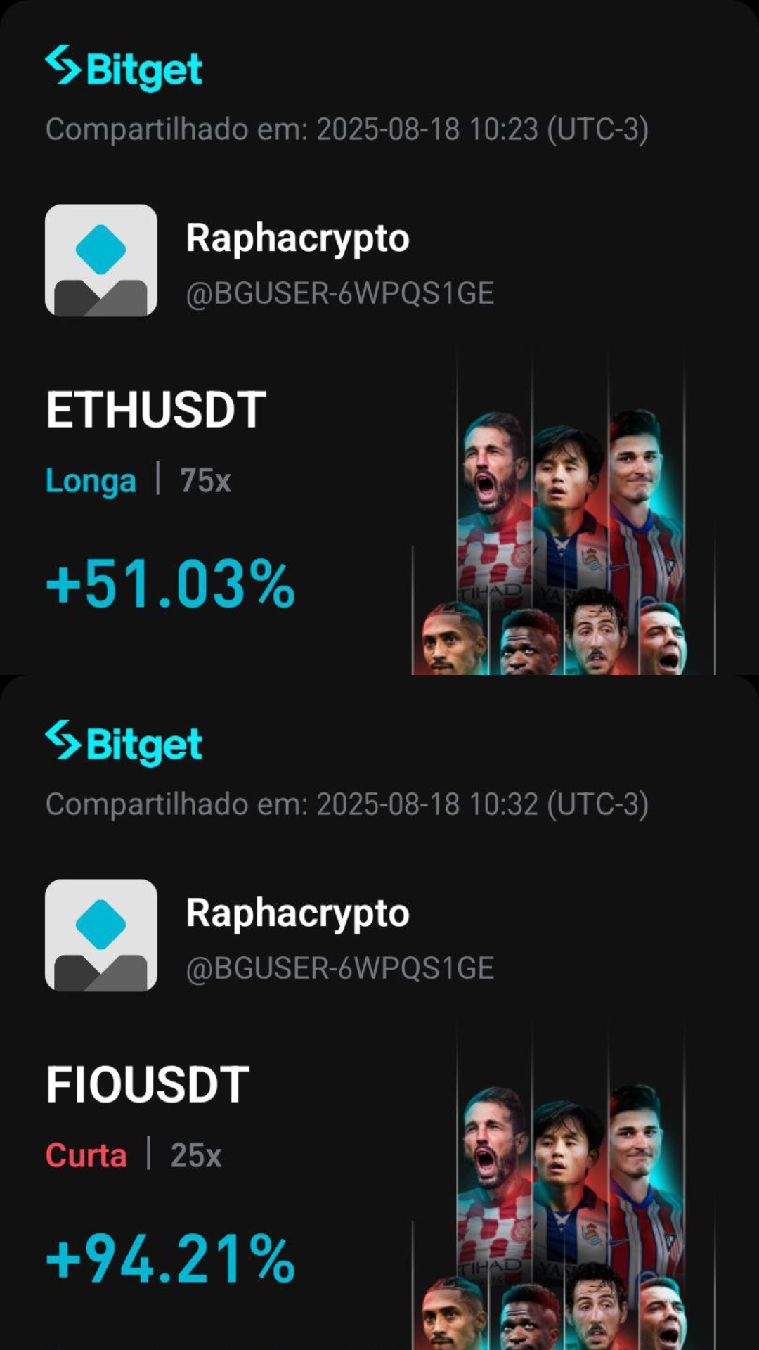 Resultado de operação RaphaCrypto - ETHUSDT +51.03% e FIOUSDT +94.21%